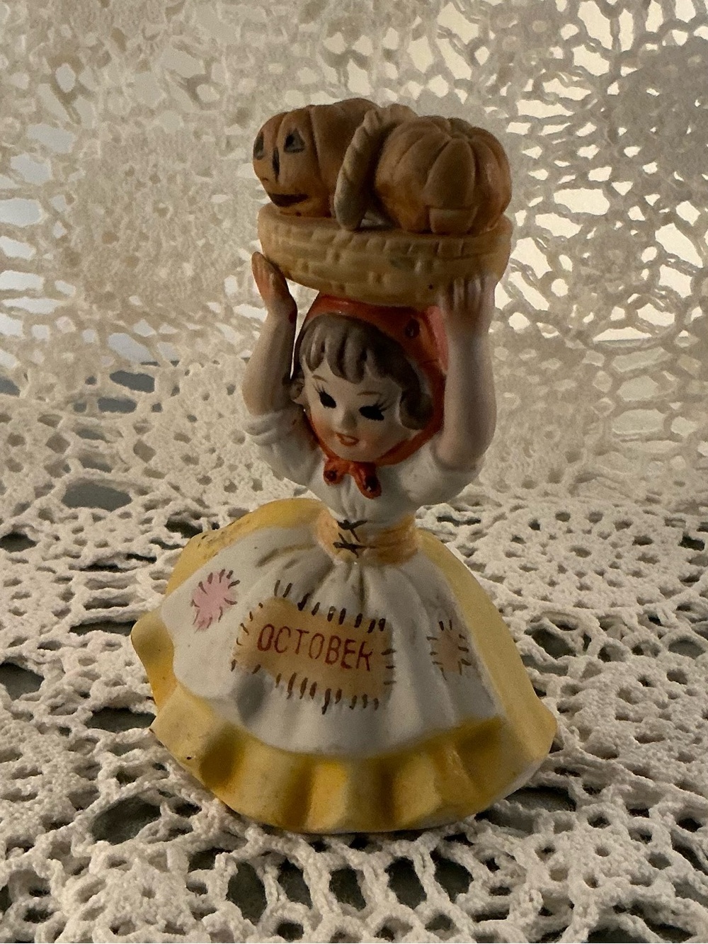 October Girl Figurine with Pumpkins, Vintage